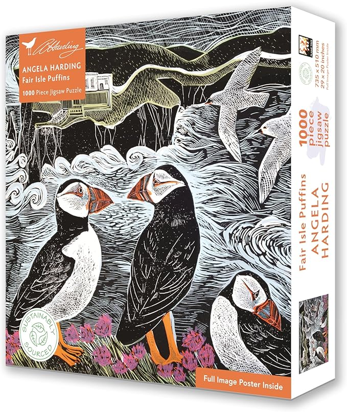 Adult Sustainable Jigsaw Puzzle Angela Harding: Fair Isle Puffins: 1000-pieces. Ethical, Sustainable, Earth-Friendly