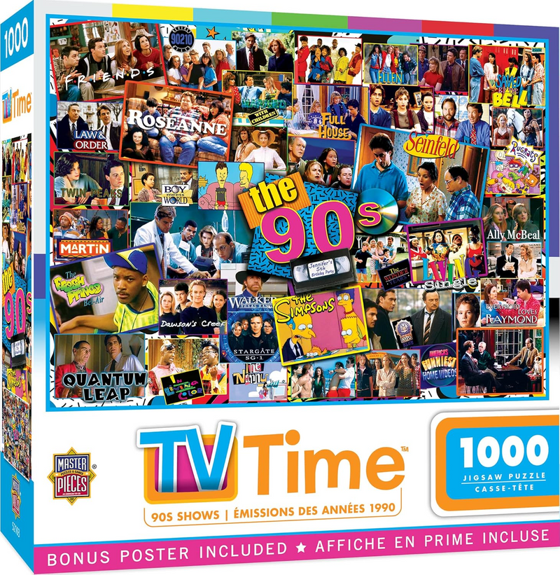 MasterPieces - 1000 Piece Jigsaw Puzzle, 90’s TV Shows Collage, Fun for Adults, Family, Kids, Non-Glare Finish, 19.25" x 26.75"